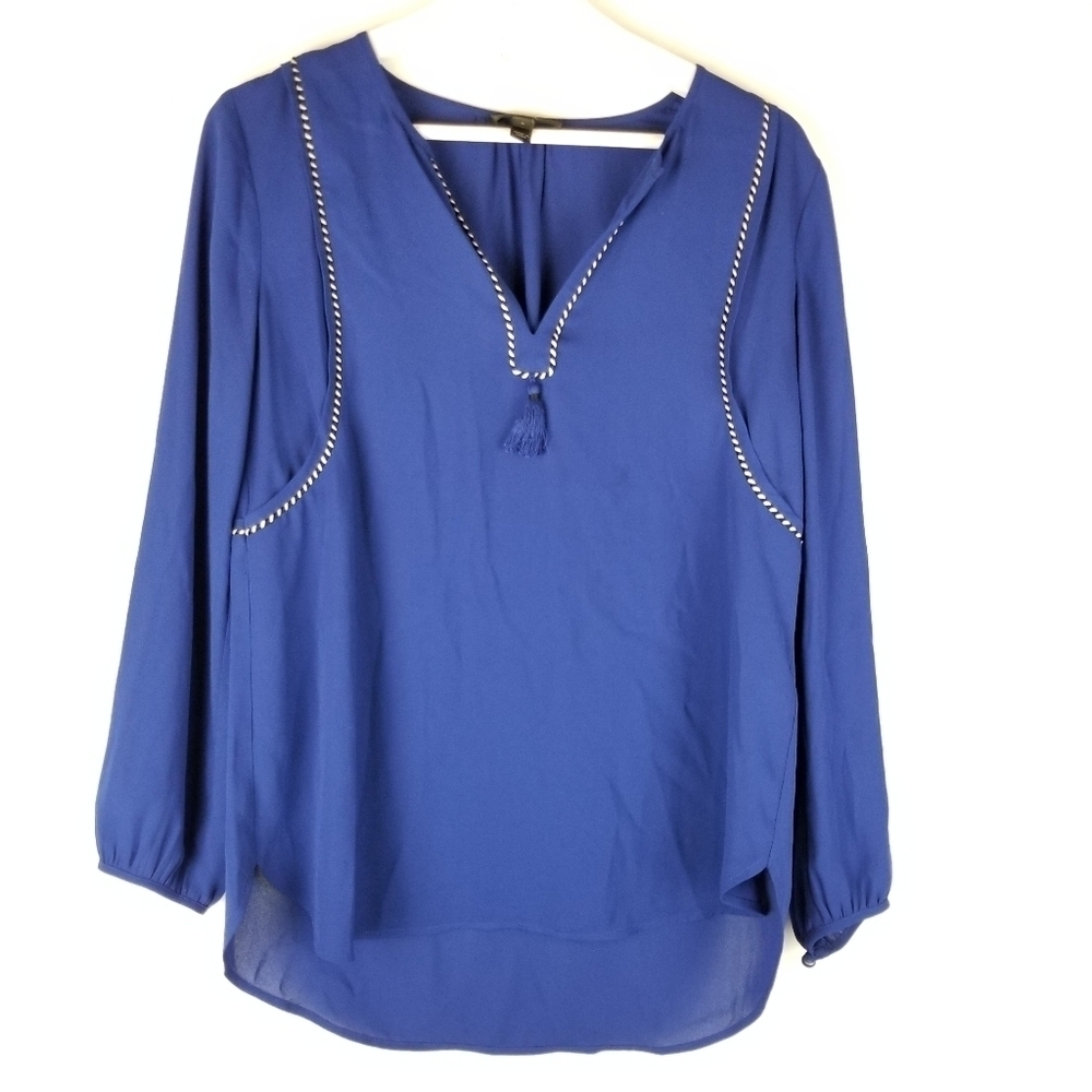 J. Crew 0 Blue Pullover Tunic Blouse Vneck long sleeve high low hem‎ Piping